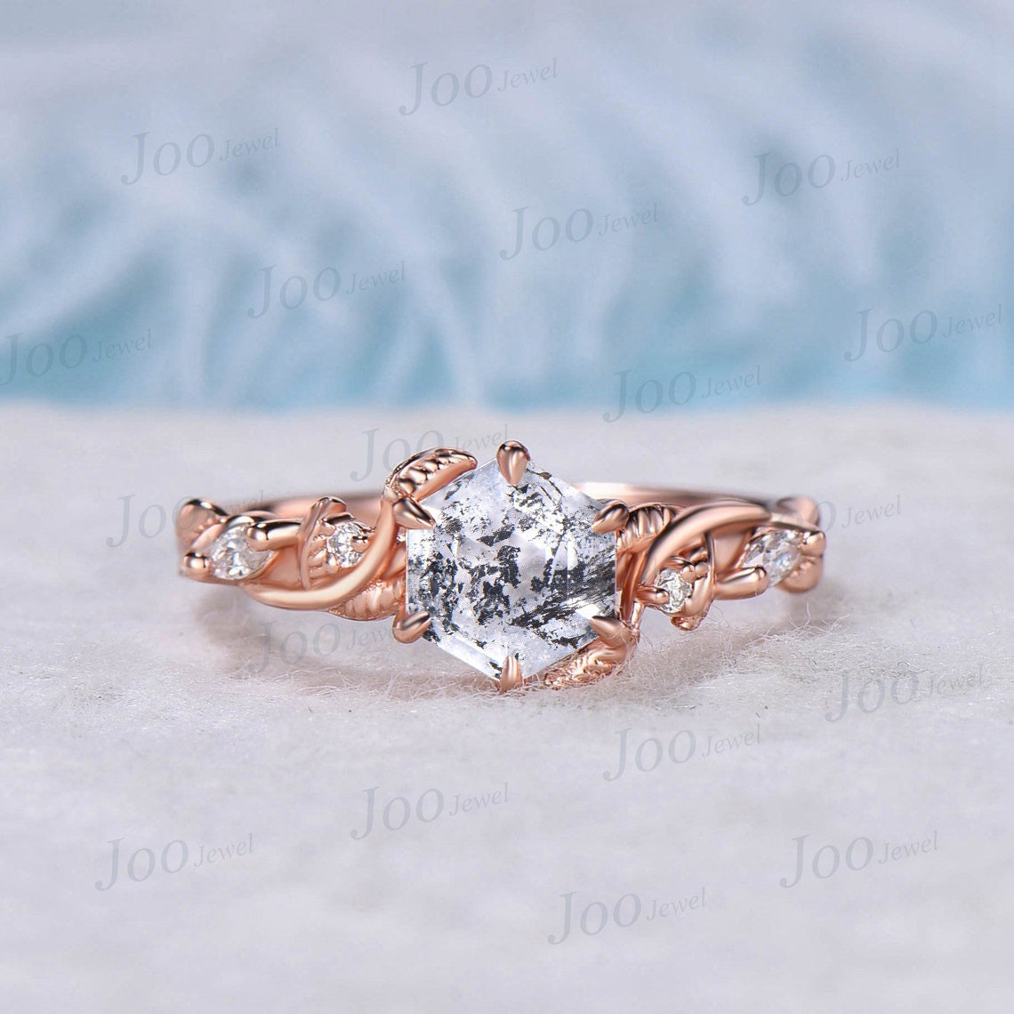 Nature Inspired Natural Herkimer Diamond Engagement Ring Set 10K Rose Gold 1ct Hexagon Herkimer Diamond Moissanite Twig Vine Leaf Bridal Set