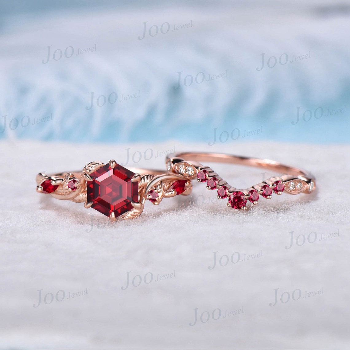 Nature Inspired Twist Ruby Ring Set Rose Gold 1ct Hexagon Branch Red Ruby Engagement Ring July Birthstone Bridal Set Unique Anniversary Gift