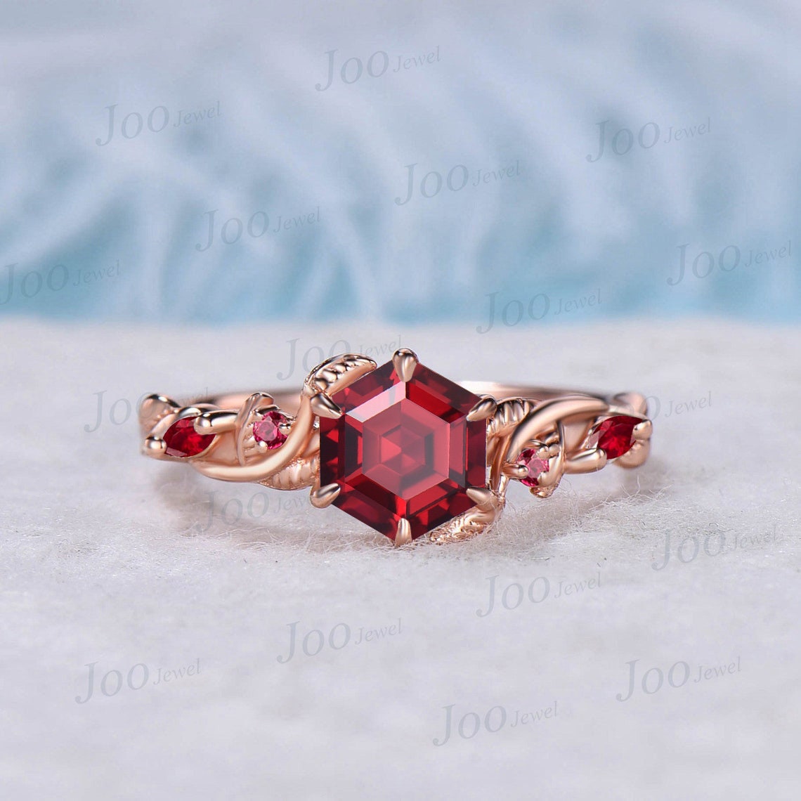 Nature Inspired Twist Ruby Ring Set Rose Gold 1ct Hexagon Branch Red Ruby Engagement Ring July Birthstone Bridal Set Unique Anniversary Gift