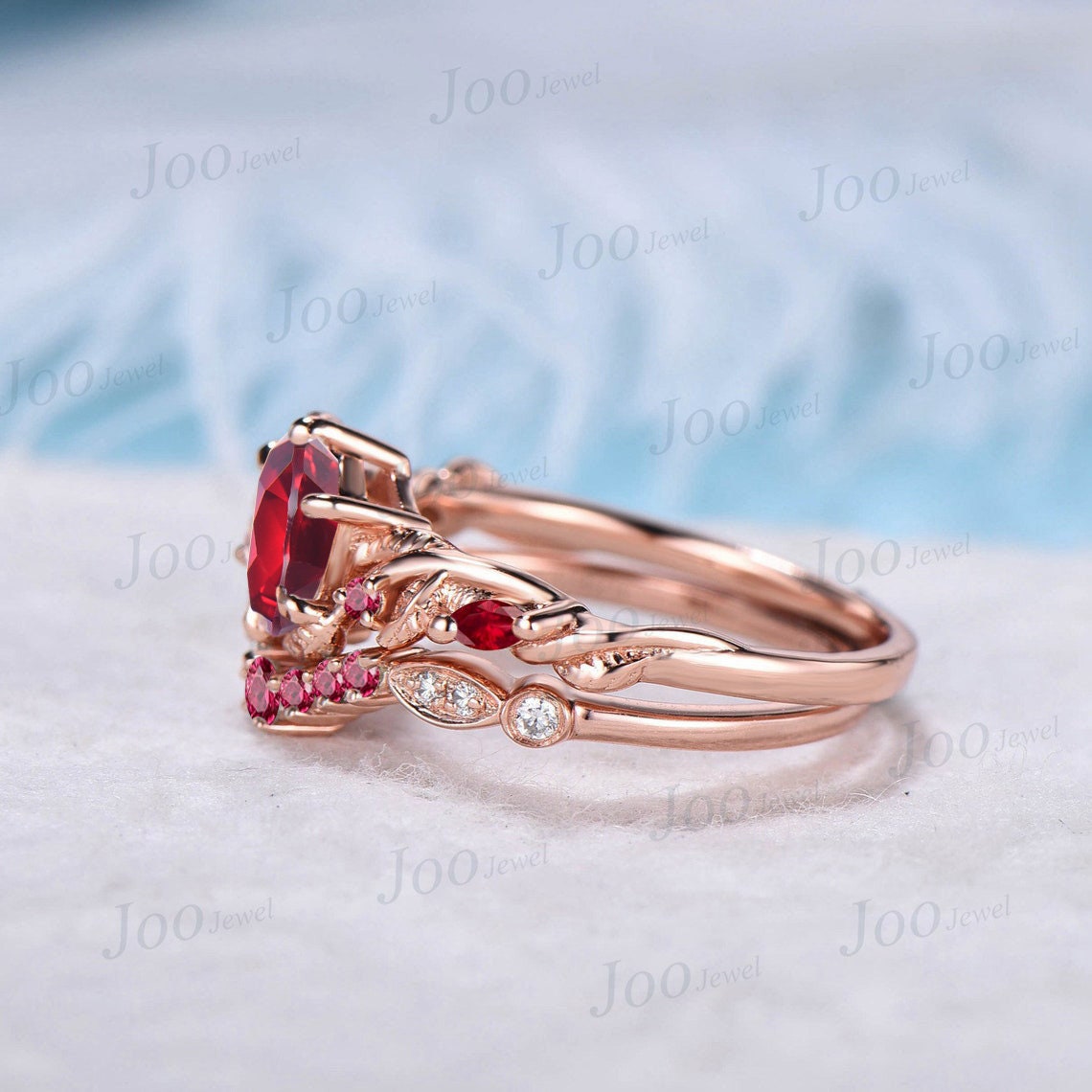Nature Inspired Twist Ruby Ring Set Rose Gold 1ct Hexagon Branch Red Ruby Engagement Ring July Birthstone Bridal Set Unique Anniversary Gift
