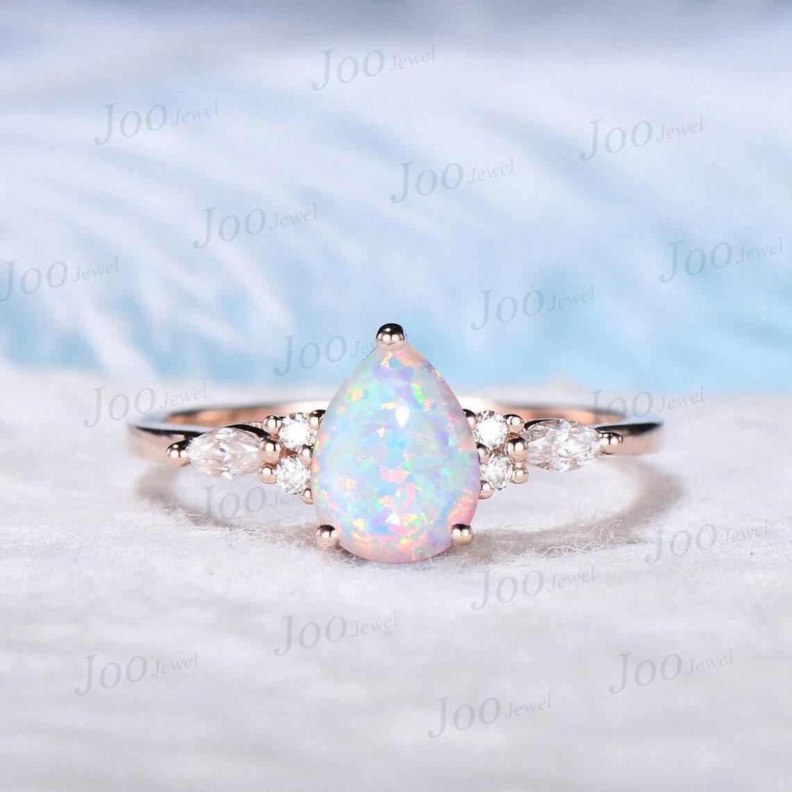 October Birthstone Bridal Set Vintage 10K Rose Gold 1.25CT Pear Shaped White Opal Engagement Ring Set Moissanite Vine Band Anniversary Gift