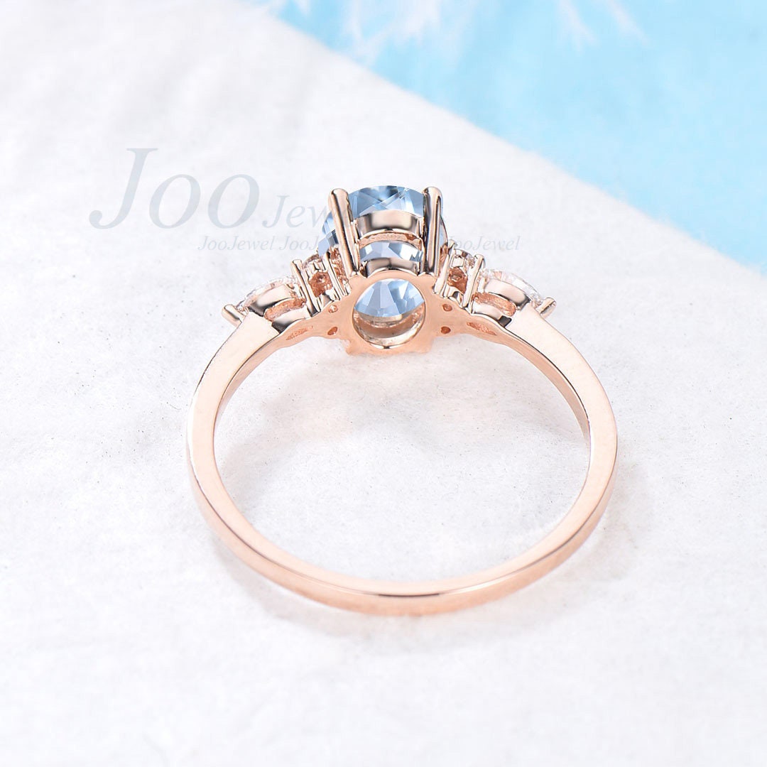 1.5ct Oval Cut Natural Aquamarine Engagement Ring Vintage Unique Marquise Cut Cluster Moissanite Ring Solid 14K/10K Rose Gold Wedding Gift