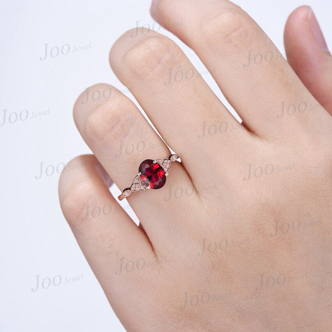 July Birthstone Engagement Ring 1.5ct Oval Cut Red Ruby Celtic Ring Triquetra Engagement Ring Red Ruby Wedding Ring Moissanite Irish Jewelry