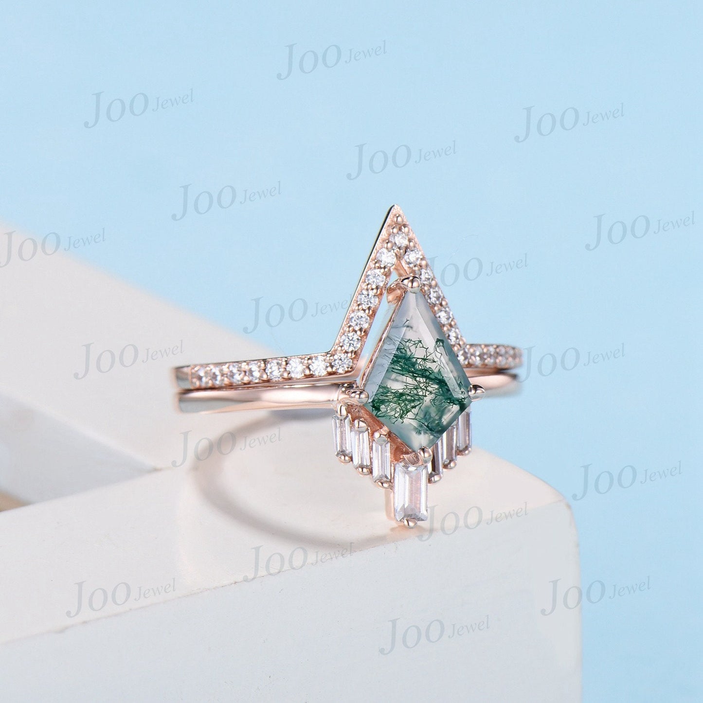 Kite Cut Natural Green Moss Agate Ring Set Vintage Kite Engagement Ring Set Unique Moss Bridal Set Art deco Ring Gold Crystal Healing Gift
