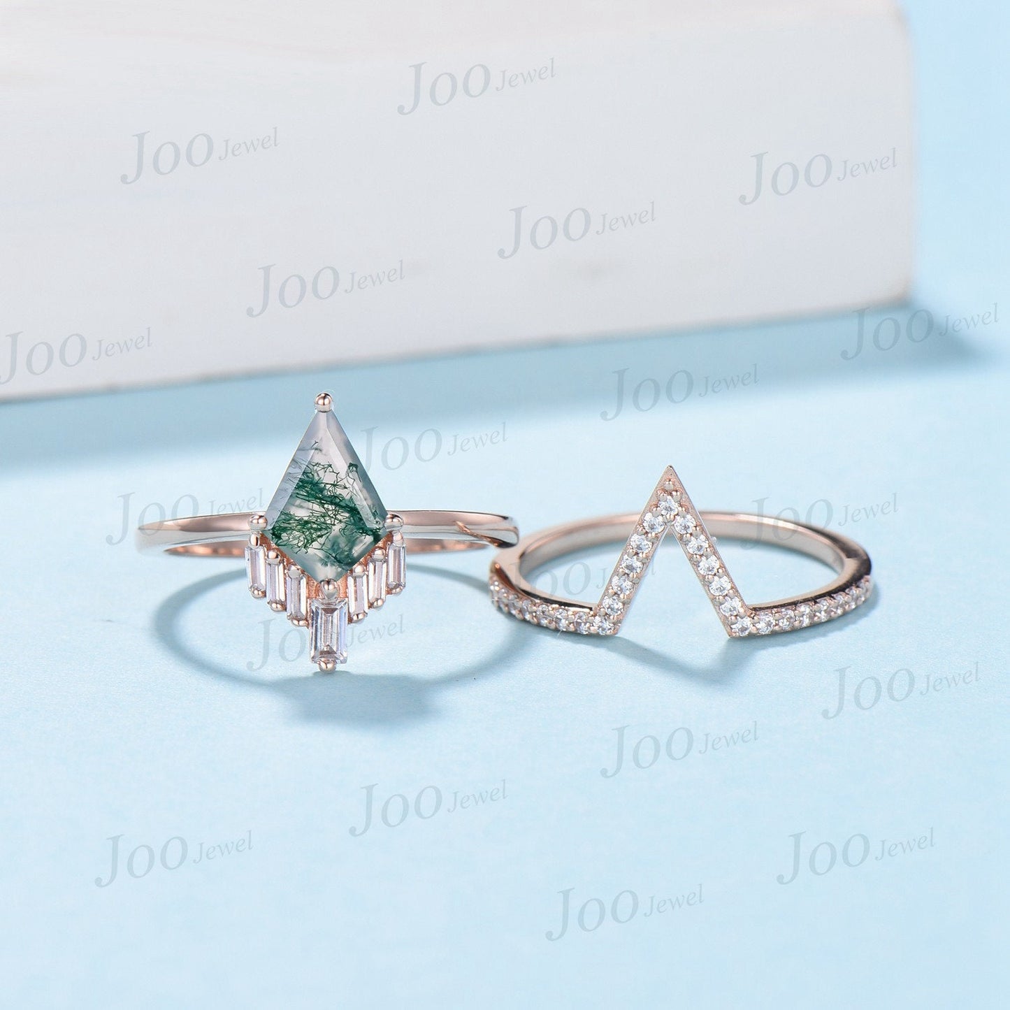 Kite Cut Natural Green Moss Agate Ring Set Vintage Kite Engagement Ring Set Unique Moss Bridal Set Art deco Ring Gold Crystal Healing Gift