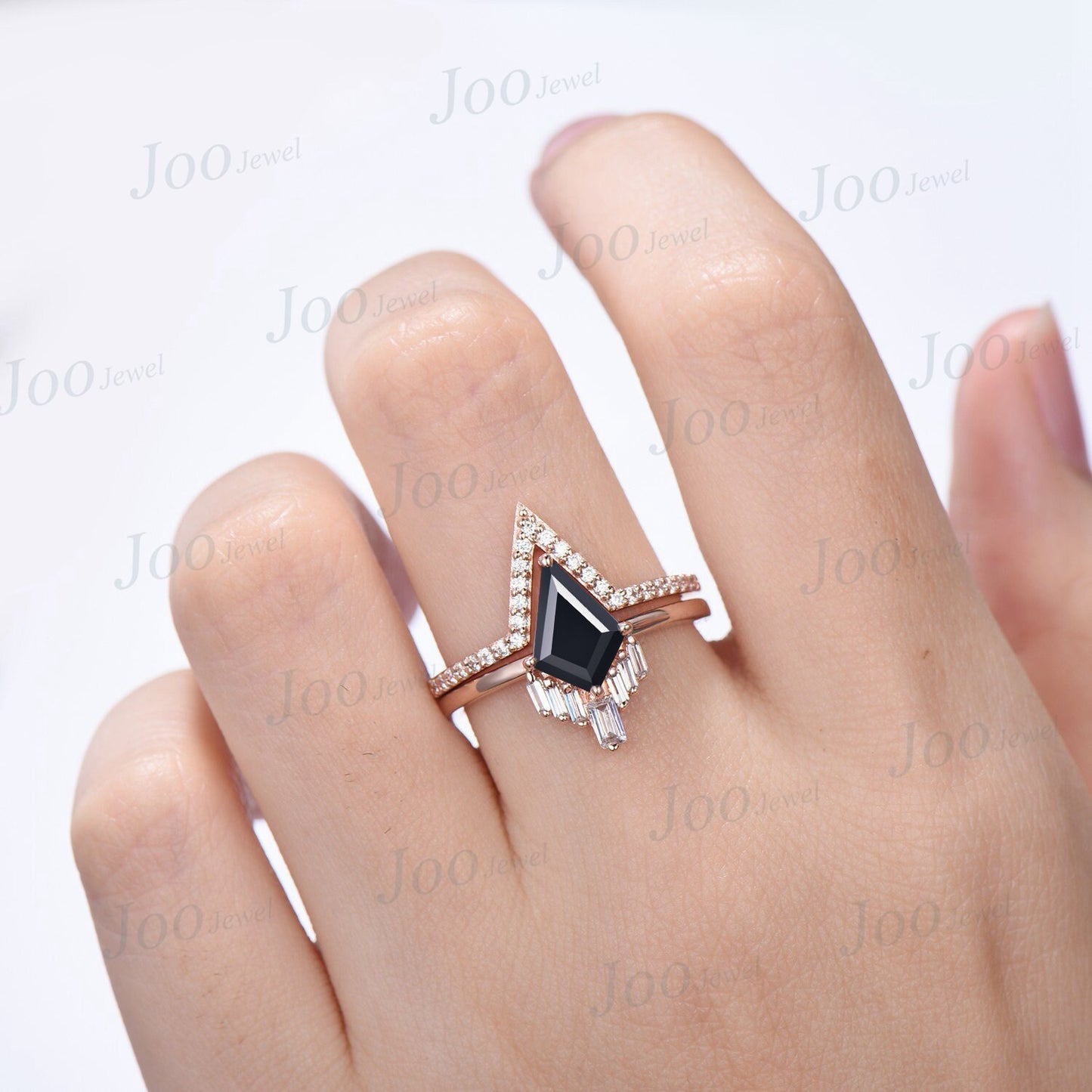 Kite Natural Black Onyx Engagement Ring Set Vintage Kite Ring Set 10K Yellow Gold Unique Gothic Black Bridal Set Art Deco Curve Wedding Band