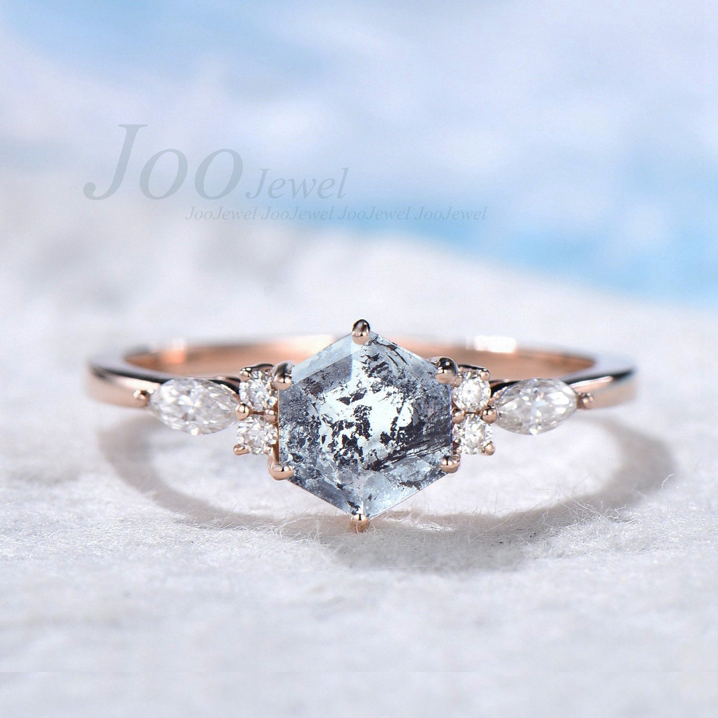 1 Carat Hexagon Cut Natural Herkimer Diamond Engagement Ring Women Vintage Sterling Silver Unique Gray Crystal Jewelry Dainty Platinum Rings