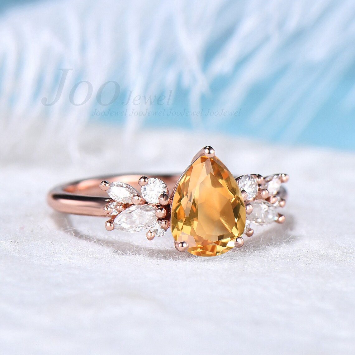 Natural Citrine Ring 1.25ct Pear Shaped Citrine Wedding Ring Sterling Silver Cluster Crystal Engagement Ring November Birthstone Jewelry