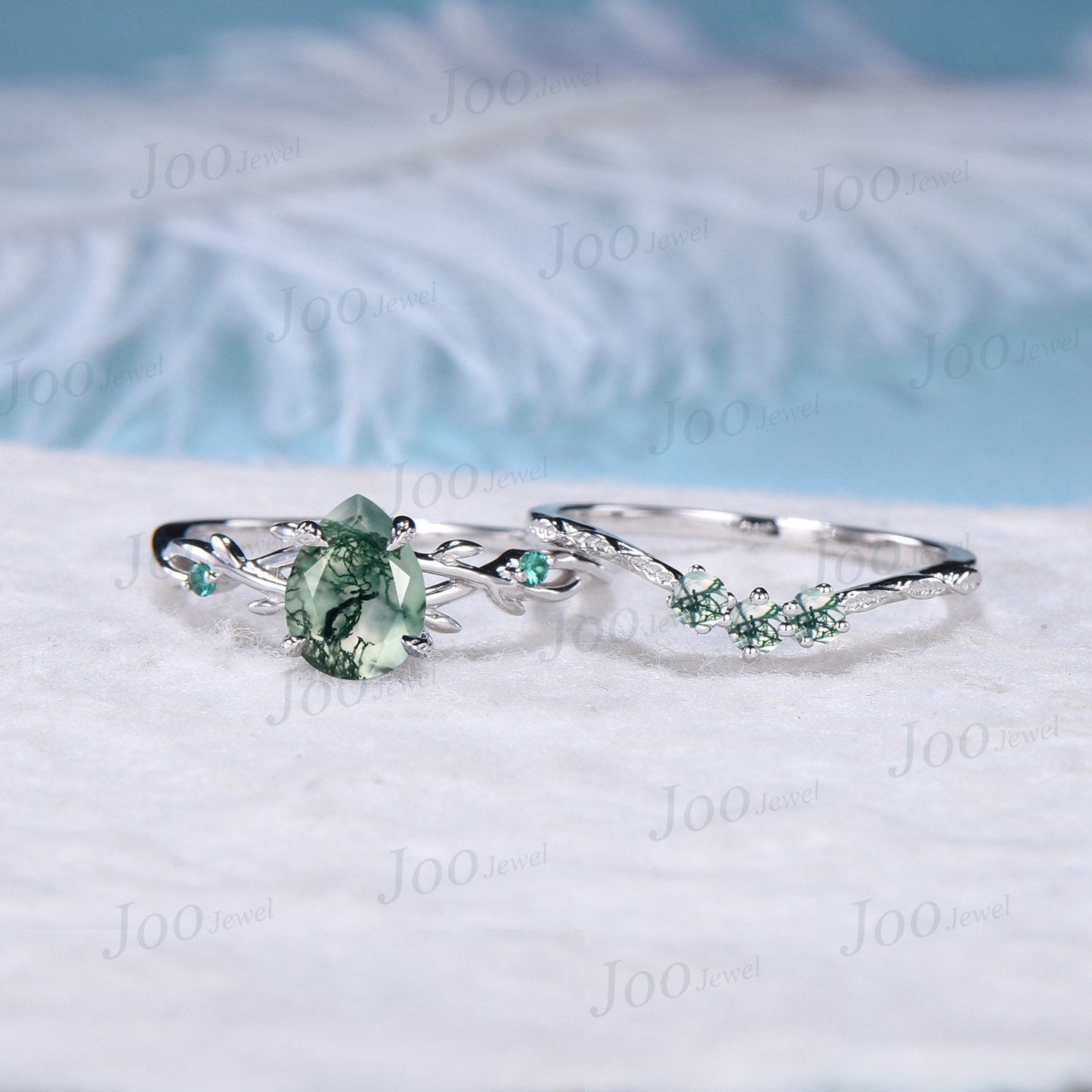 1.25ct Nature Inspired Pear Moss Agate Ring Twig Engagement Ring Set Green Gemstone Jewelry Emerald Branch Vine Wedding Ring Moss Bridal Set