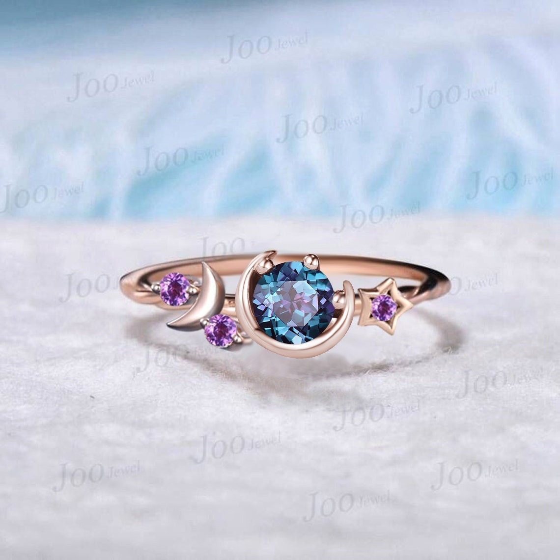 Unique Round Alexandrite Ring Moon Star Cluster Engagement Ring June Birthstone Jewelry Gift Purple Amethyst Ring Asymmetrical Promise Ring