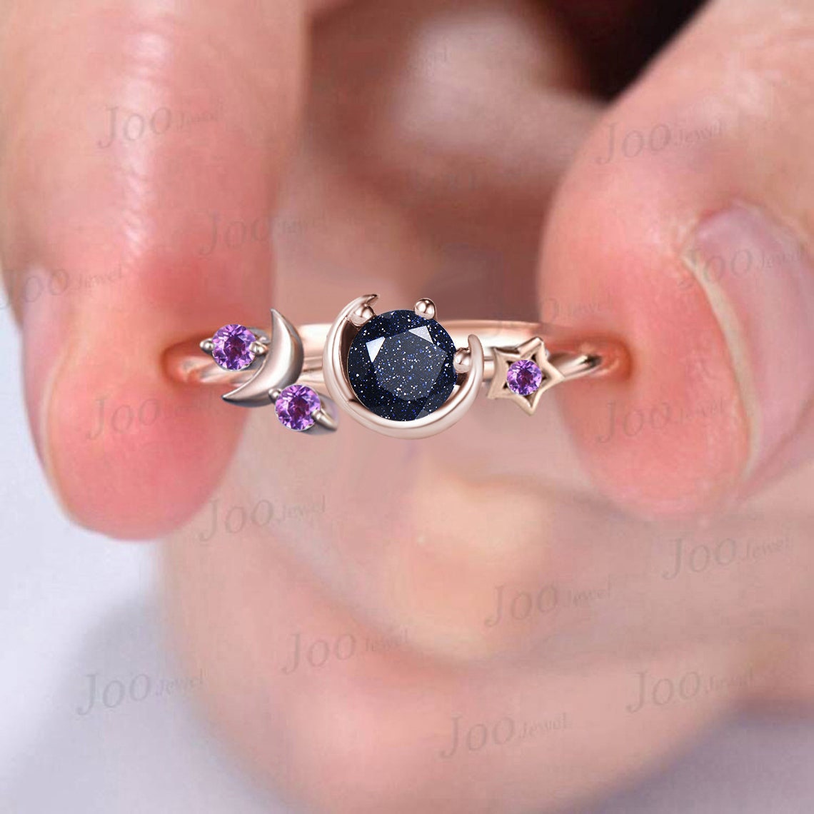 Round Cut Blue Sandstone Engagement Ring Starry Sky Moon Star Cluster Ring Purple Amethyst Celestial Ring Unique Asymmetrical Promise Rings