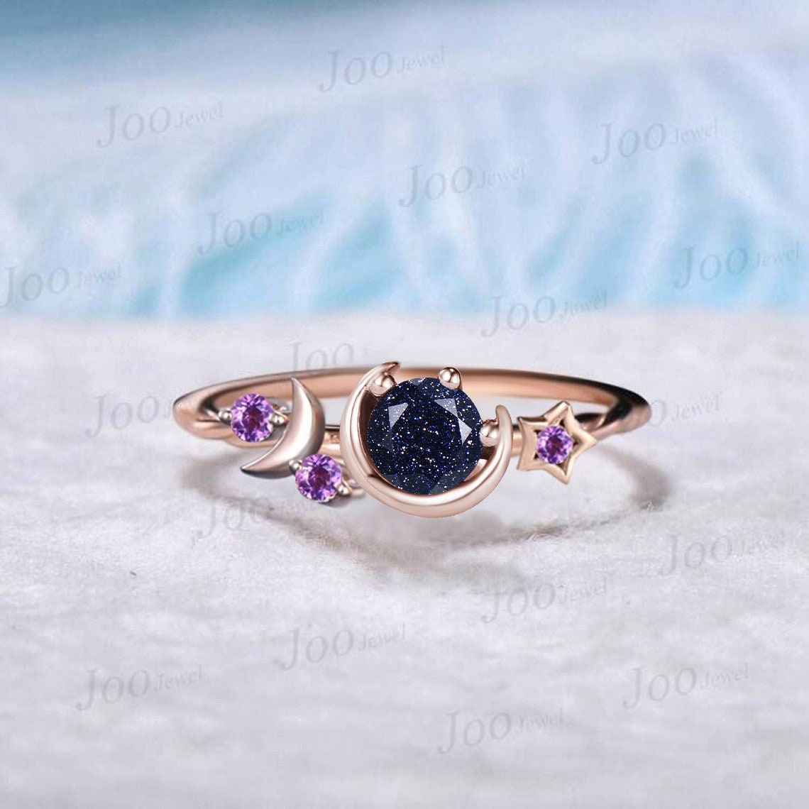 Round Cut Blue Sandstone Engagement Ring Starry Sky Moon Star Cluster Ring Purple Amethyst Celestial Ring Unique Asymmetrical Promise Rings