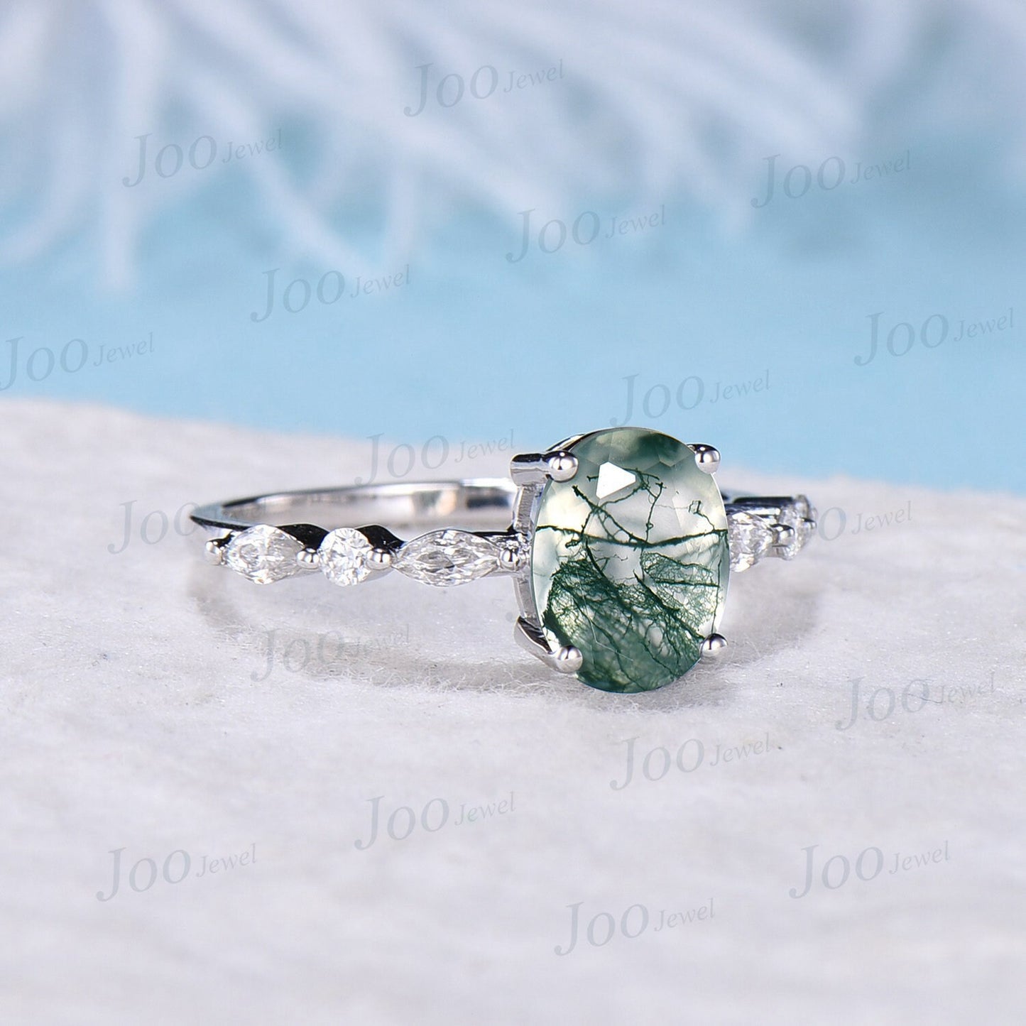 Half Eternity Moss Agate Engagement Ring 10K White Gold 2ct Oval Green Gemstone Ring Marquise Round Moissanite Wedding Ring Dainty Jewelry
