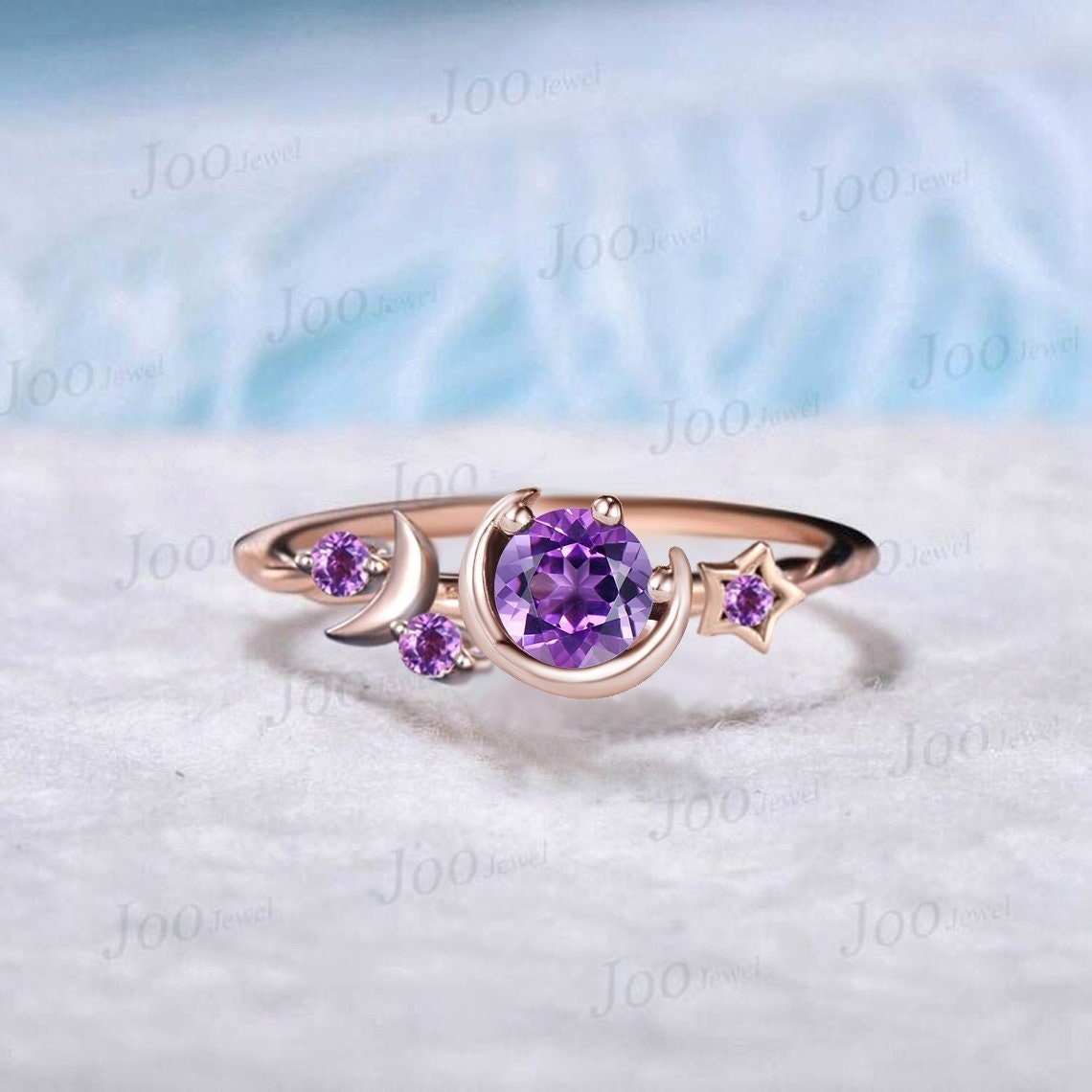Round Natural Amethyst Wedding Ring Moon Star Cluster Engagement Ring 10K Rose Gold Purple Crystal Celestial Asymmetrical Ring Promise Ring