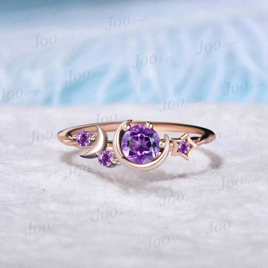 Round Natural Amethyst Wedding Ring Moon Star Cluster Engagement Ring 10K Rose Gold Purple Crystal Celestial Asymmetrical Ring Promise Ring
