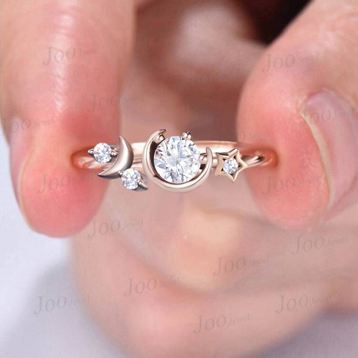 Round Cut Moissanite Engagement Ring 10K Rose Gold Moon Star Wedding Ring Cluster Celestial Moissanite Ring Unique Asymmetrical Promise Ring