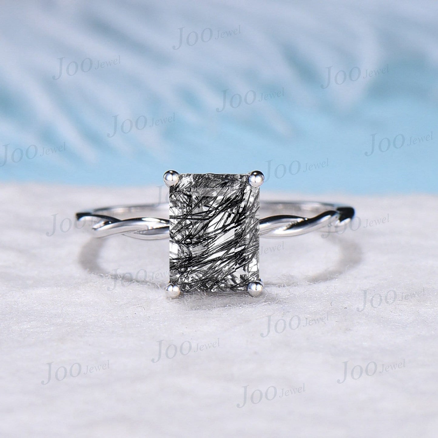 Emerald Cut Solitaire Wedding Ring 10K Rose Gold Natural Black Rutilated Quartz Engagement Ring Twist Band Crystal Ring Unique Promise Ring