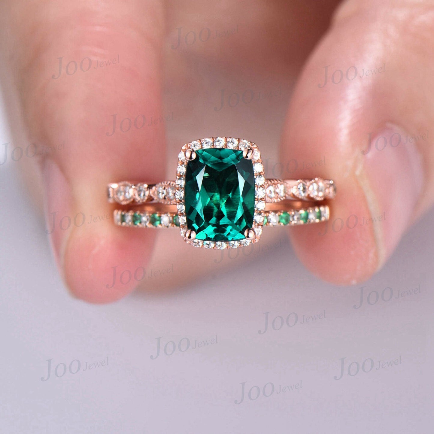 2pcs Emerald Cut Green Emerald Ring Set Halo Engagement Ring Set Half Eternity Band Moissanite Personalized Promise Ring Anniversary Gifts
