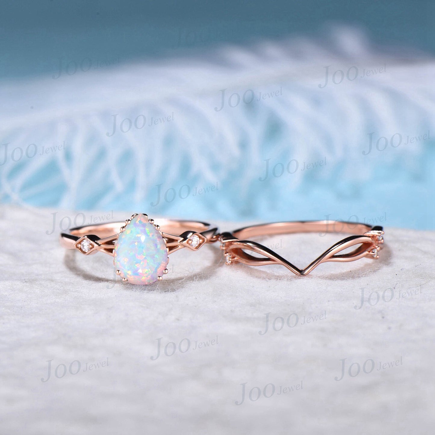 1.25ct Opal Engagement Ring Set Vintage Rose Gold Pear Shaped Opal Wedding Ring Unique October Birthstone Twig Vine Band Anniversary Gifts