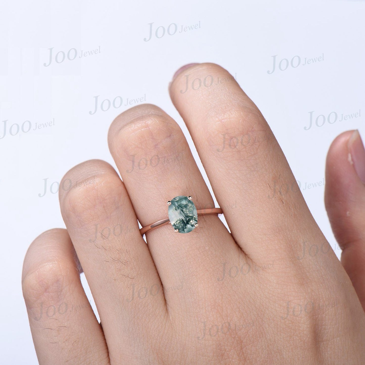 Natural Oval Moss Agate Solitaire Rings 1.5CT Simple Moss Agate Engagement Ring Round Claw Classic Promise Wedding Ring Anniversary Gifts