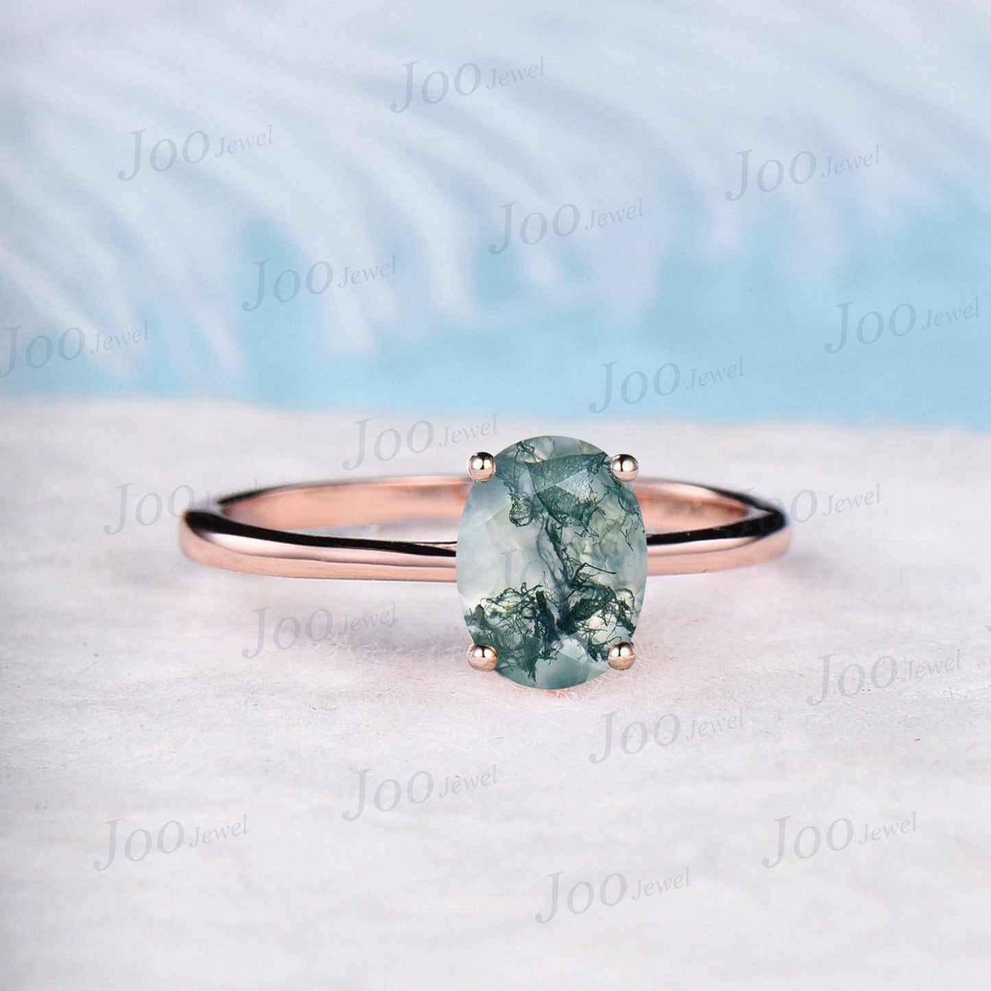 Natural Oval Moss Agate Solitaire Rings 1.5CT Simple Moss Agate Engagement Ring Round Claw Classic Promise Wedding Ring Anniversary Gifts
