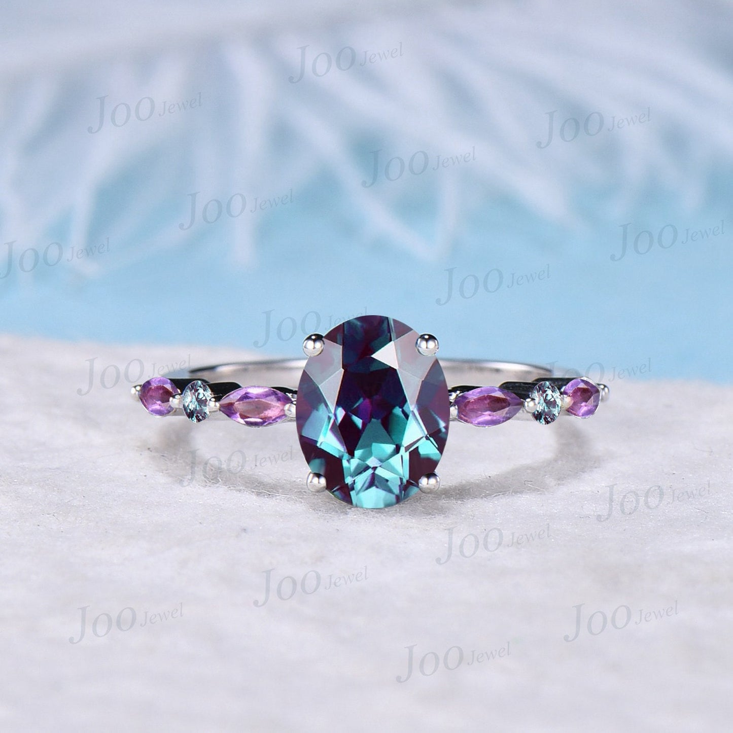 2ct Oval Cut Alexandrite and Amethyst Engagement Rings 10K White Gold Half Eternity Band Emerald Alexandrite Wedding Ring Platinum Rings