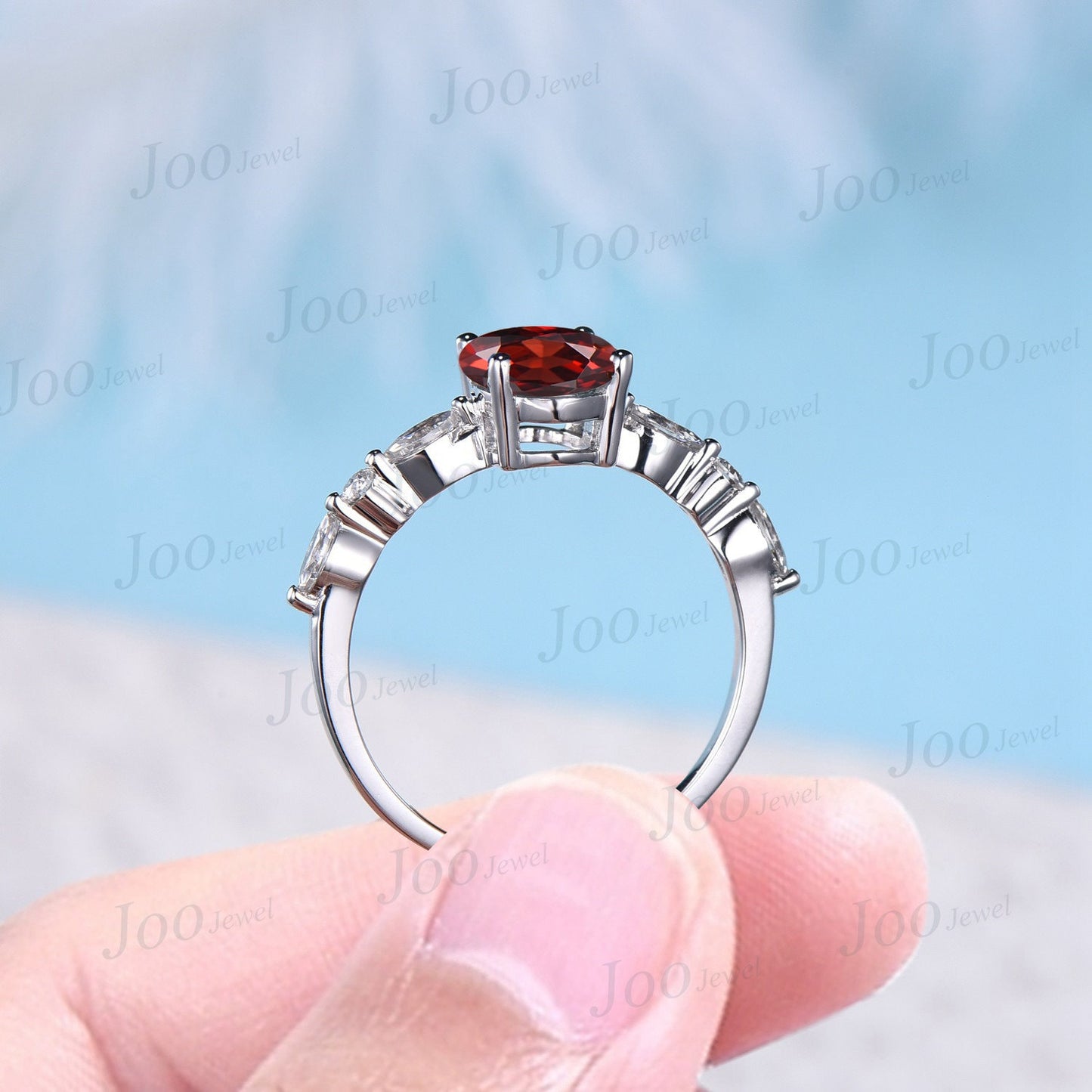 2ct Oval Cut Ruby Gemstone Jewelry 10K White Gold Half Eternity Red Ruby Engagement Rings Platinum Anniversary Ring July Birthstone Gifts