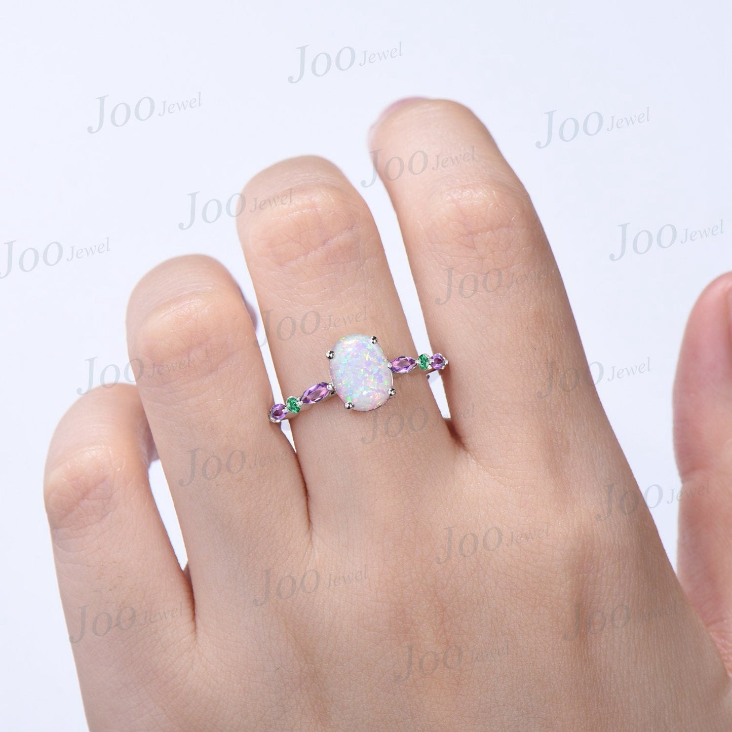 2ct Oval White Opal Engagement Ring Half Eternity Band Opal and Emerald Amethyst Wedding Ring Unique Anniversary Birthday Gift Platinum Ring