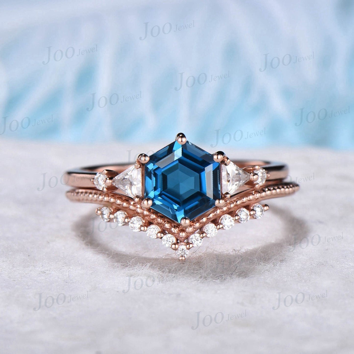 Hexagon Cut London Blue Topaz Engagement Ring Set 10K Rose Gold 1ct Blue Topaz Wedding Ring Set December Birthstone Moissanite Promise Ring