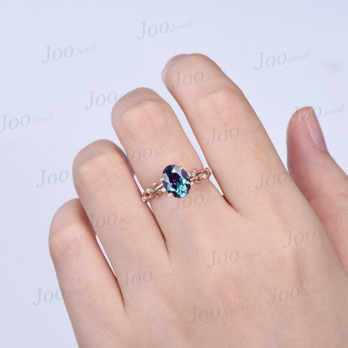 Nature Inspired Alexandrite Ring 10K Rose Gold 1.5ct Oval Cut Alexandrite Engagement Rings Leaf Moissanite Branch Vine Ring Anniversary Gift