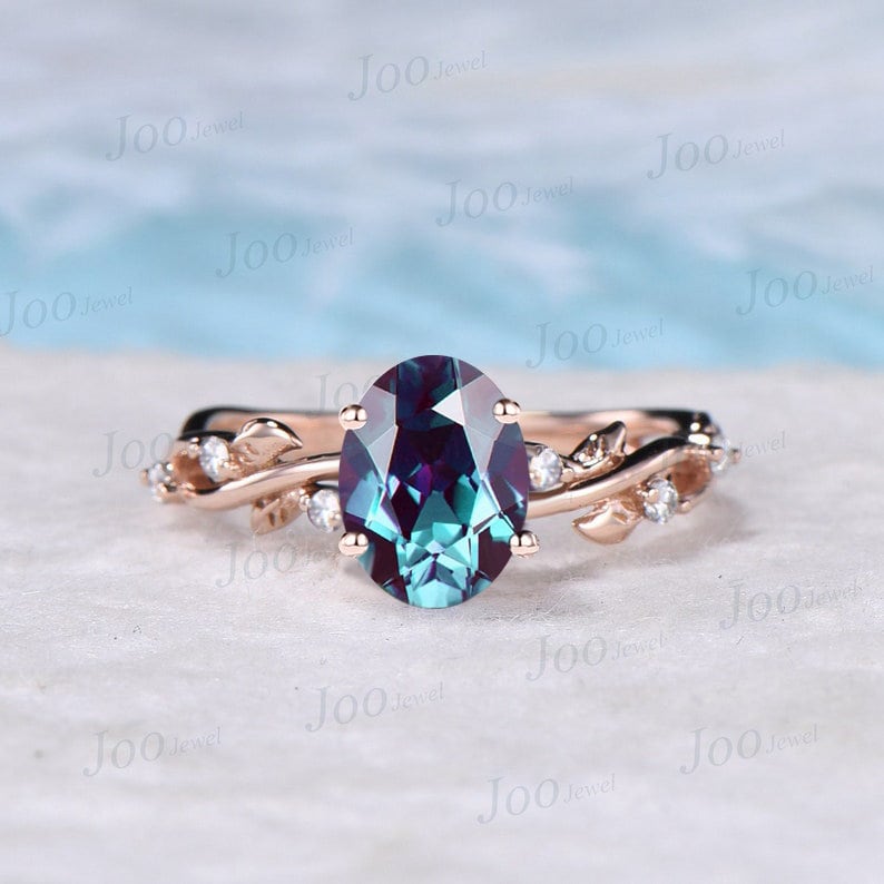 Nature Inspired Alexandrite Ring 10K Rose Gold 1.5ct Oval Cut Alexandrite Engagement Rings Leaf Moissanite Branch Vine Ring Anniversary Gift