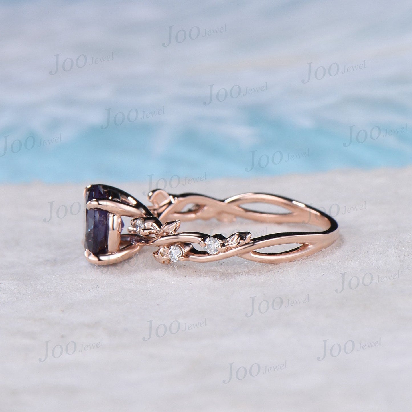 Nature Inspired Alexandrite Ring 10K Rose Gold 1.5ct Oval Cut Alexandrite Engagement Rings Leaf Moissanite Branch Vine Ring Anniversary Gift