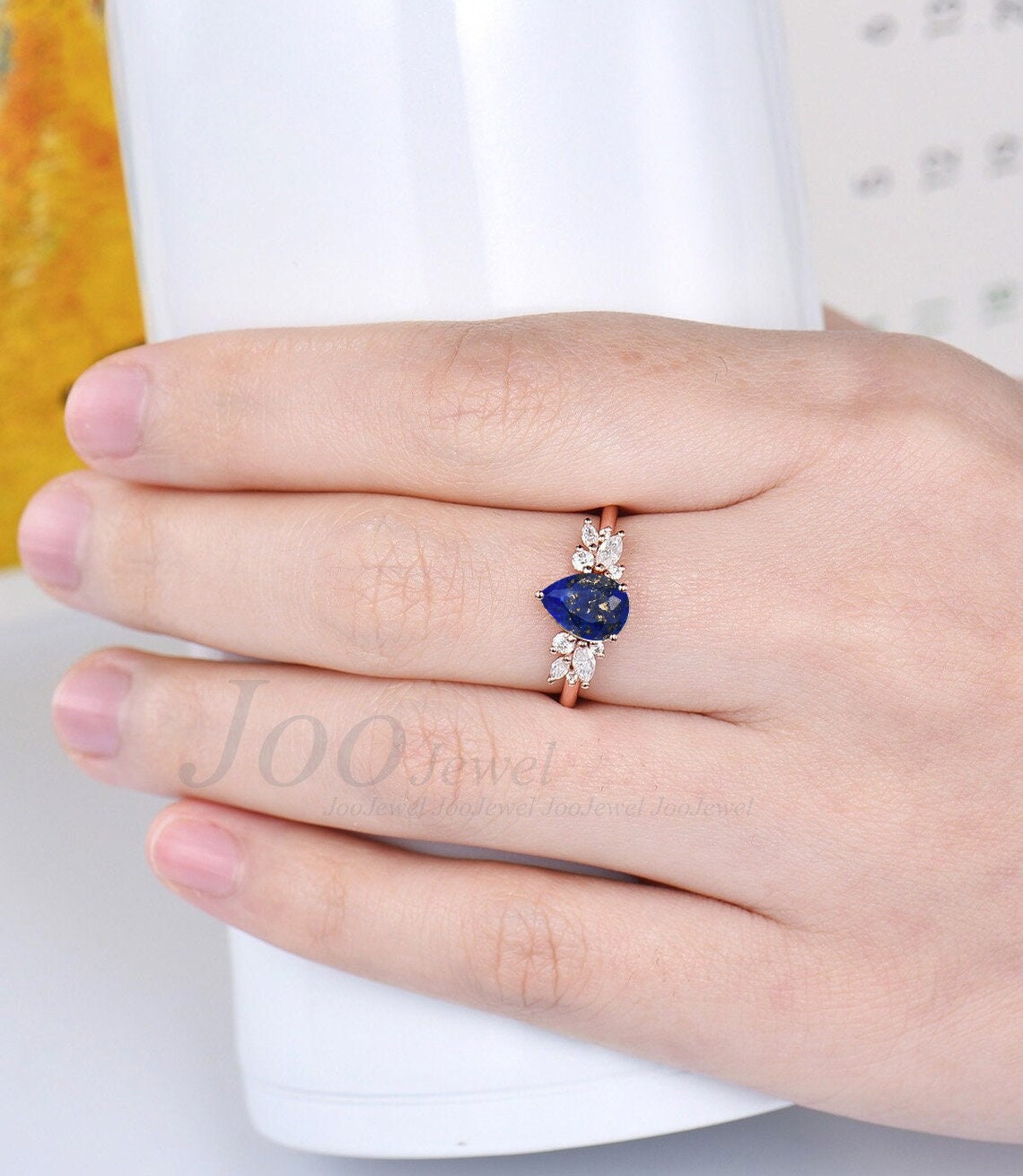 Natural Pear Lapis Lazuli Engagement Ring Sterling Silver Vintage 1.25ct Antique Lapis Gold CZ Diamond Wedding Ring Unique Christmas Gifts