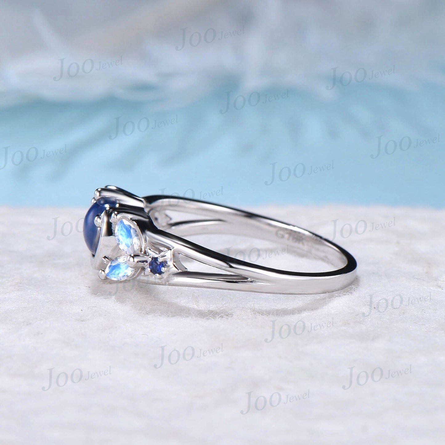 Unique Starry Sky Blue Star Sapphire Engagement Ring Star Moon Wedding Rings Platinum Moonstone Celestial Rings Half Moon Blue Sapphire Ring