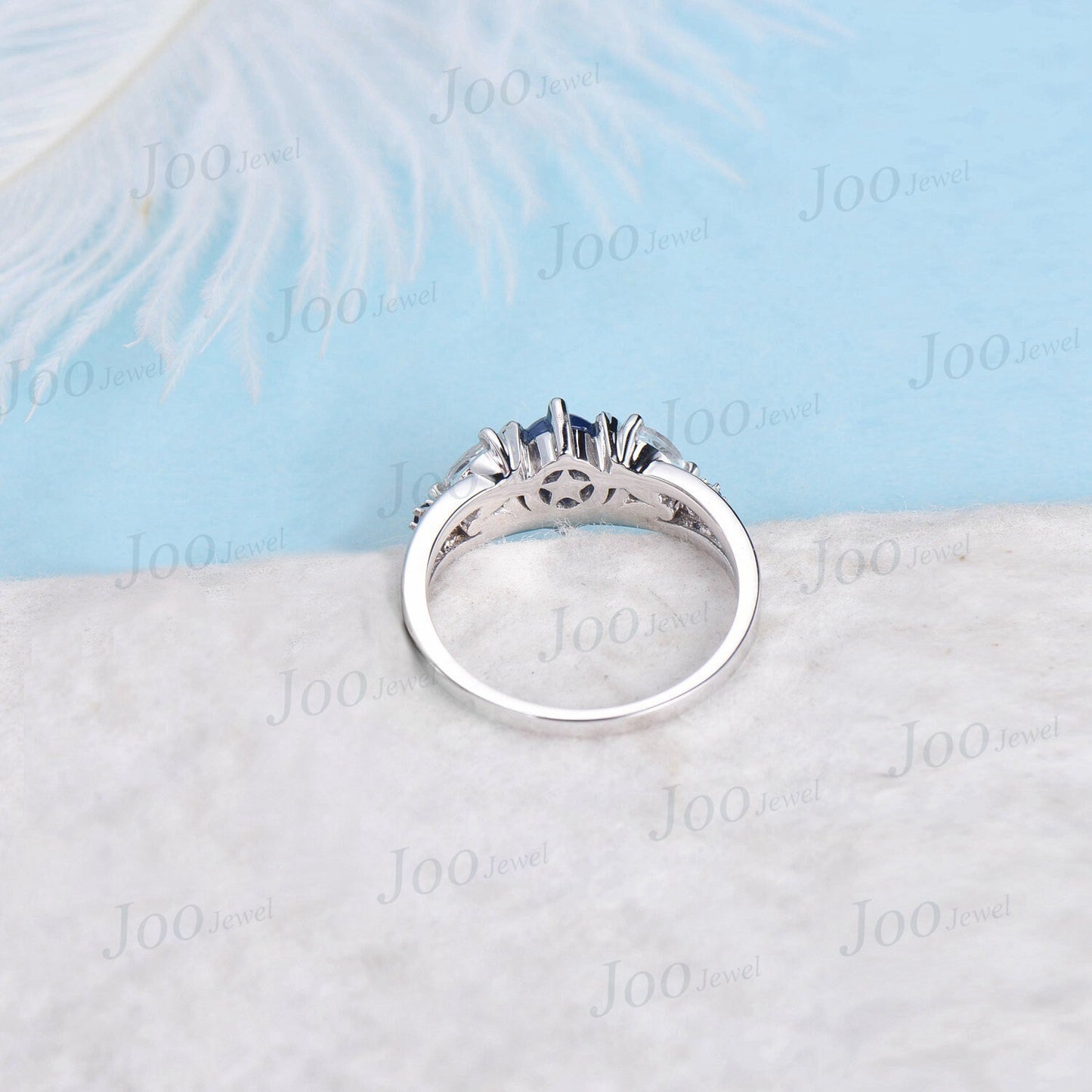 Unique Starry Sky Blue Star Sapphire Engagement Ring Star Moon Wedding Rings Platinum Moonstone Celestial Rings Half Moon Blue Sapphire Ring