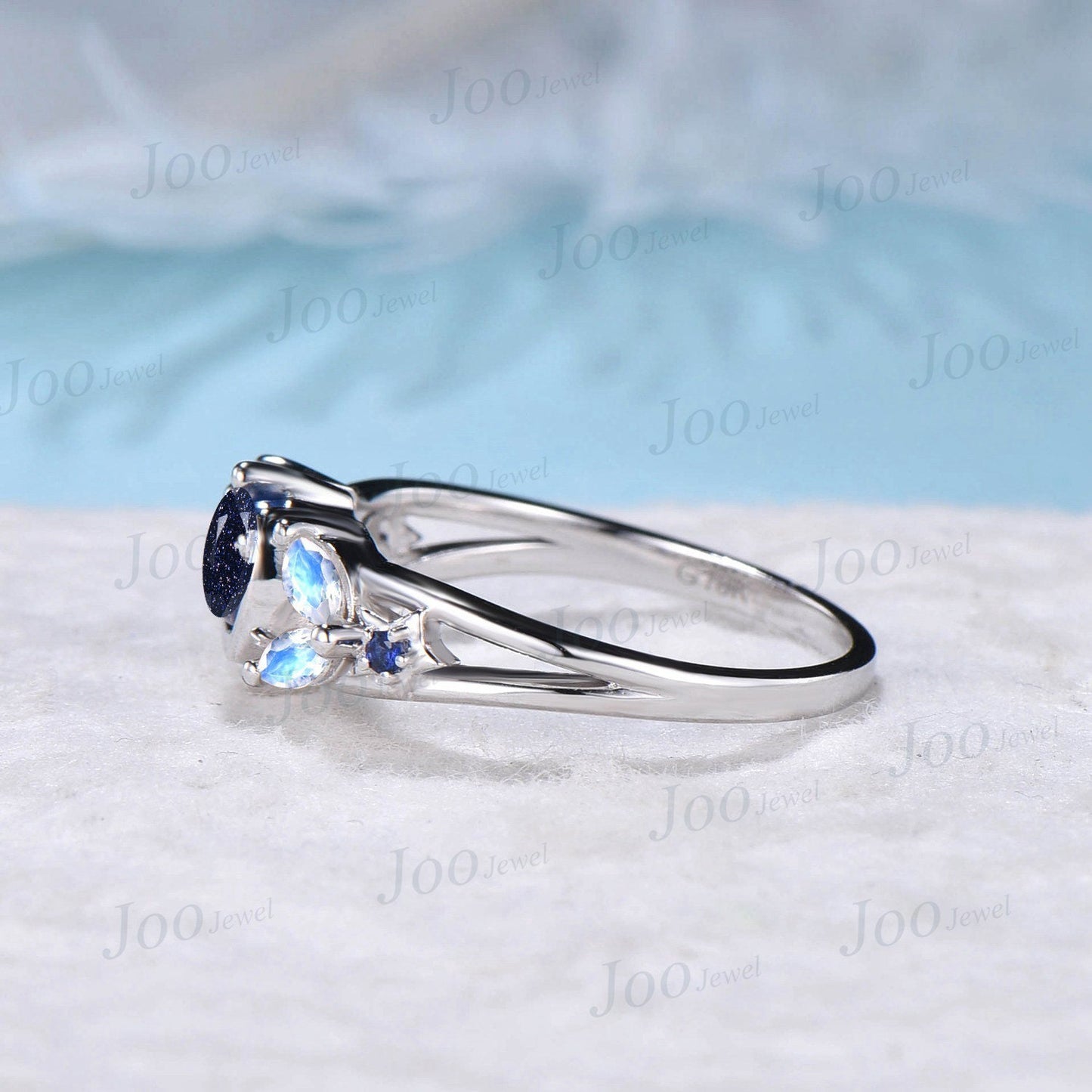 Unique Moon Star Engagement Rings Starry Sky Blue Sandstone Ring Sterling Silver Moonstone Celestial Wedding Rings Half Moon Sapphire Ring