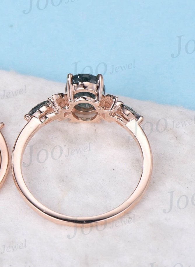 Unique Natural Moss Agate Ring Moon Engagement Ring Vintage 14K Rose Gold 1.5ct Oval Green Moss Agate Promise Ring Celestial Wedding Rings