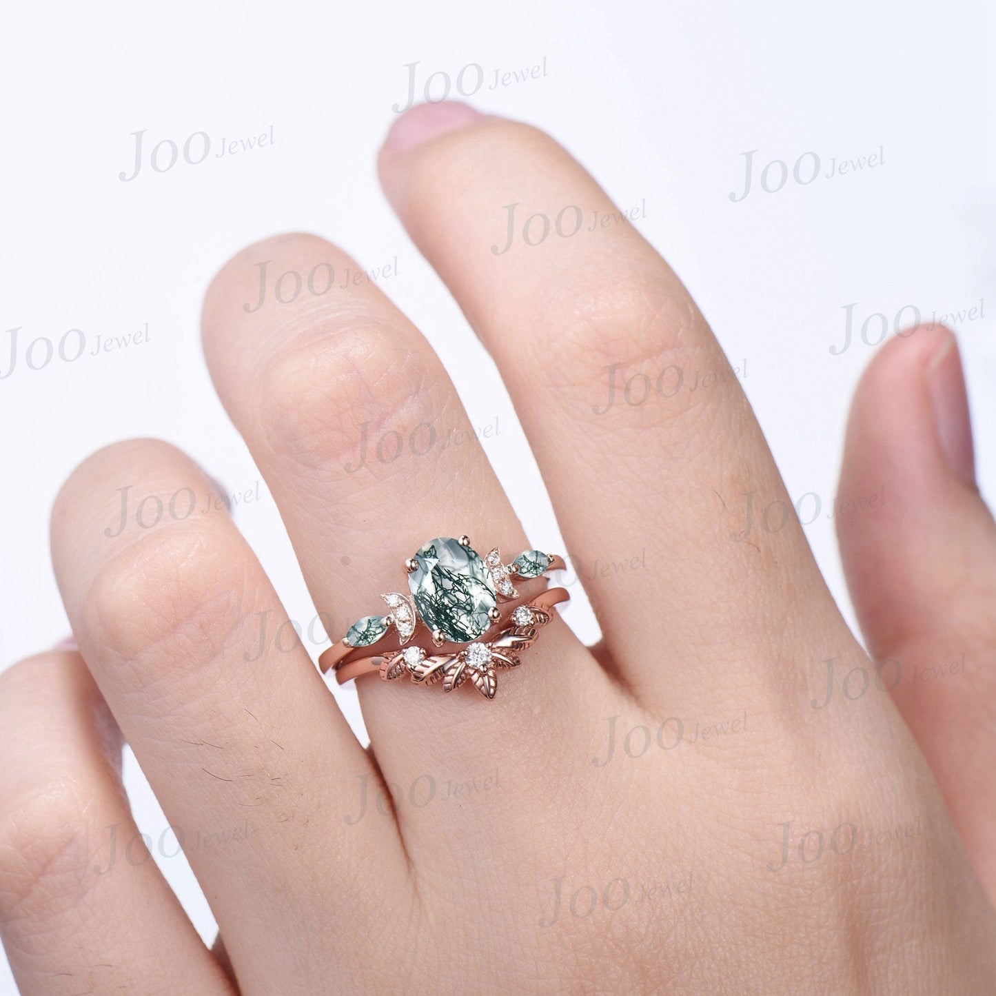 1.5ct Oval Moss Agate Engagement Ring Set 10K Rose Gold Moon Wedding Ring Aquatic Agate Green Promise Ring Leaf Nature Inspired Wedding Band