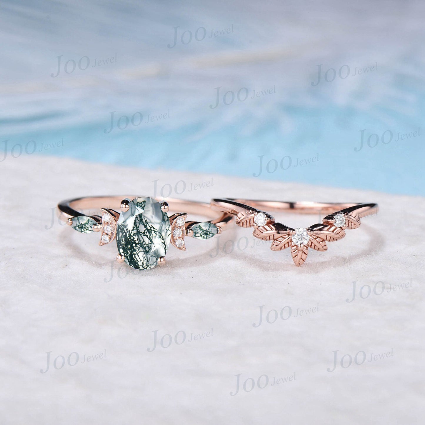 1.5ct Oval Moss Agate Engagement Ring Set 10K Rose Gold Moon Wedding Ring Aquatic Agate Green Promise Ring Leaf Nature Inspired Wedding Band