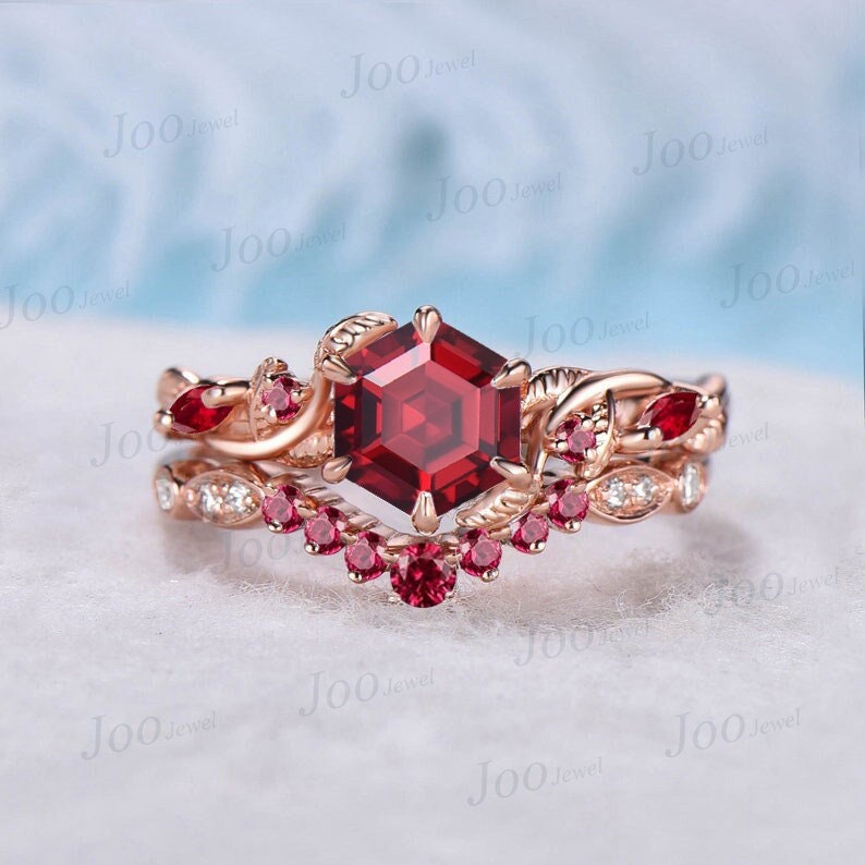 Nature Inspired Twist Ruby Ring Set Rose Gold 1ct Hexagon Branch Red Ruby Engagement Ring July Birthstone Bridal Set Unique Anniversary Gift