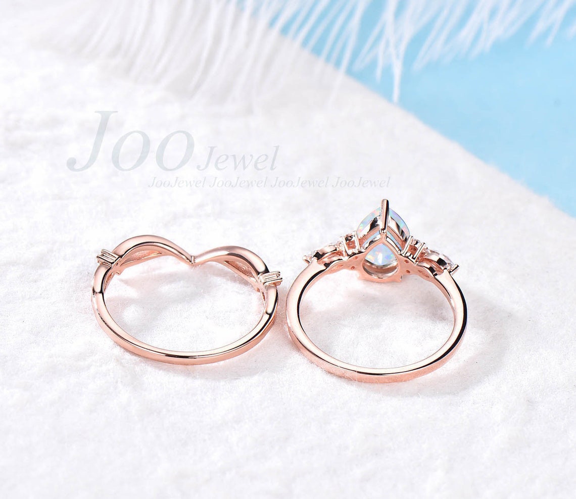 October Birthstone Bridal Set Vintage 10K Rose Gold 1.25CT Pear Shaped White Opal Engagement Ring Set Moissanite Vine Band Anniversary Gift