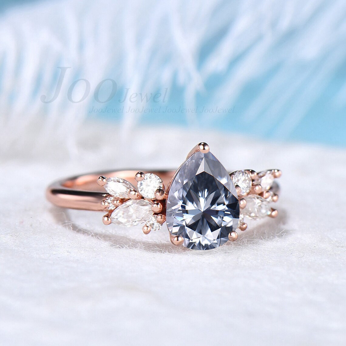 Gray Diamond Engagement Ring 1.25ct Pear Shaped Gray Moissanite Cluster Wedding Ring Grey Gemstone Ring Unique Cluster Promise Ring Women