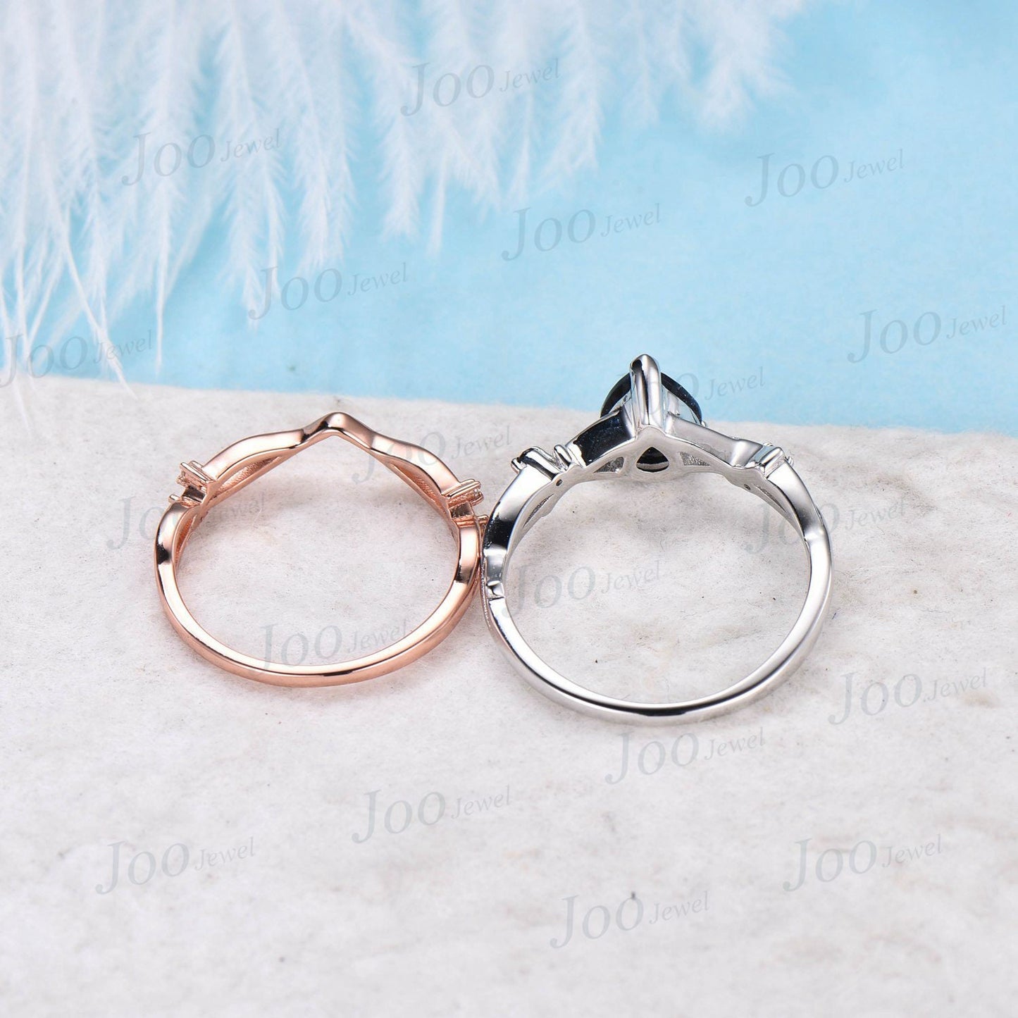 1.25CT Twig Vine Blue Sandstone Ring Set 10K White Gold Starry Sky Black Gemstone Ring Nature Inspired Jewelry Unique Wedding/Promise Gift