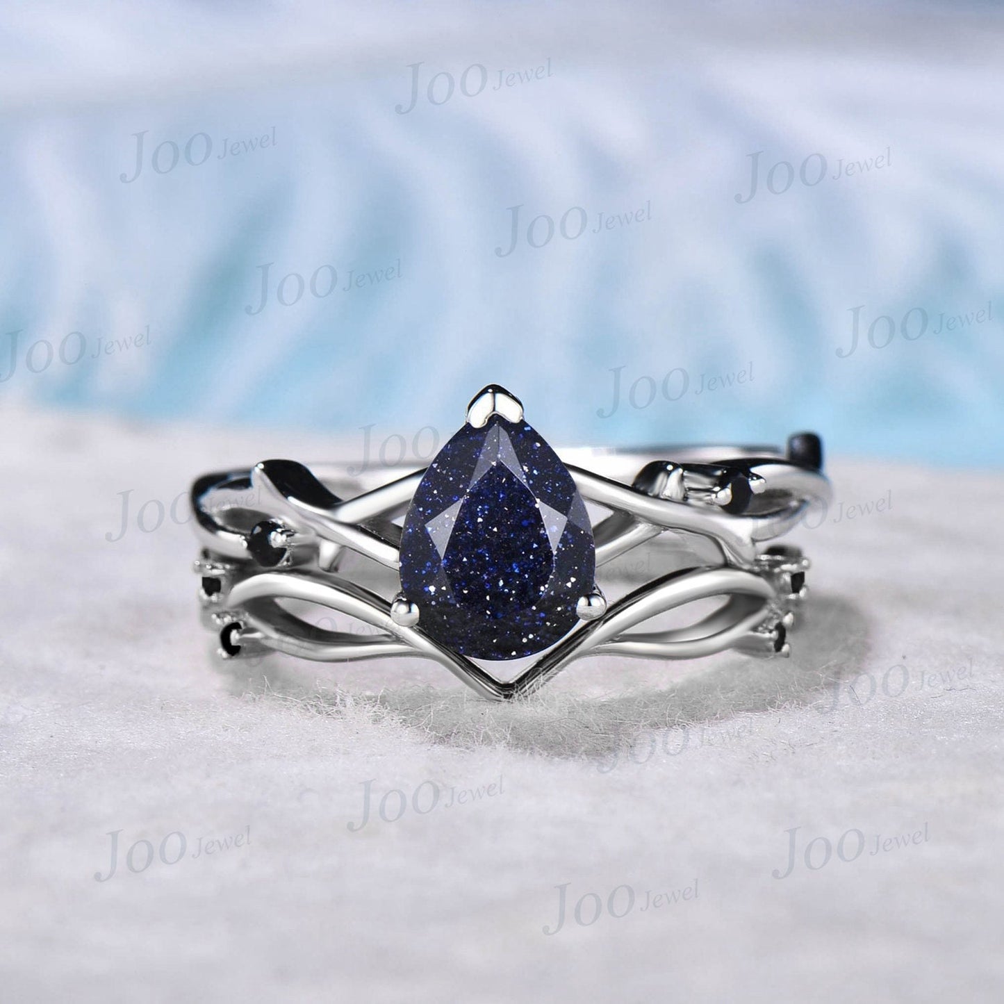 1.25CT Twig Vine Blue Sandstone Ring Set 10K White Gold Starry Sky Black Gemstone Ring Nature Inspired Jewelry Unique Wedding/Promise Gift