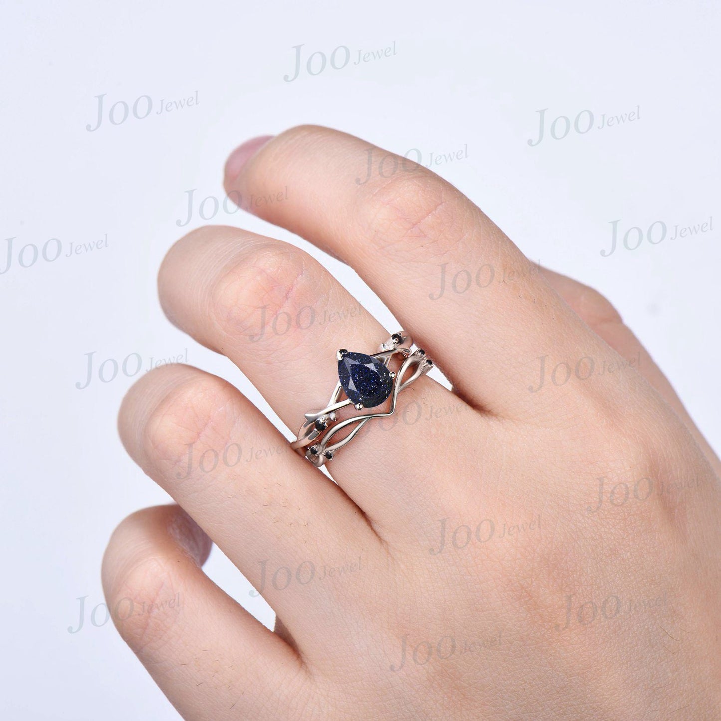 1.25CT Twig Vine Blue Sandstone Ring Set 10K White Gold Starry Sky Black Gemstone Ring Nature Inspired Jewelry Unique Wedding/Promise Gift