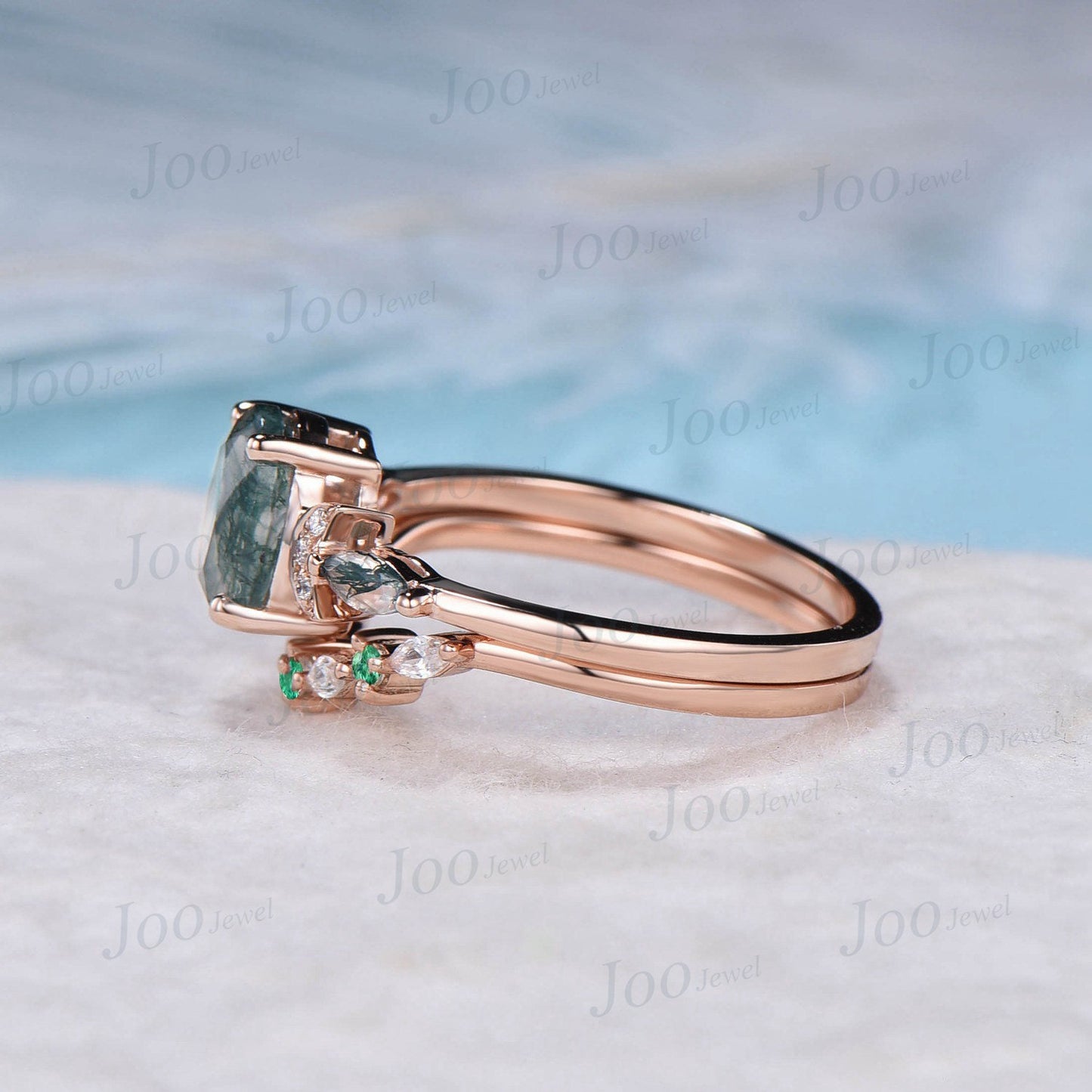 1.5ct Oval Moss Agate Moon Engagement Ring Set Rose Gold Moss Bridal Set Moissanite Emerald Curve Wedding Band Unique Celestial Promise Ring