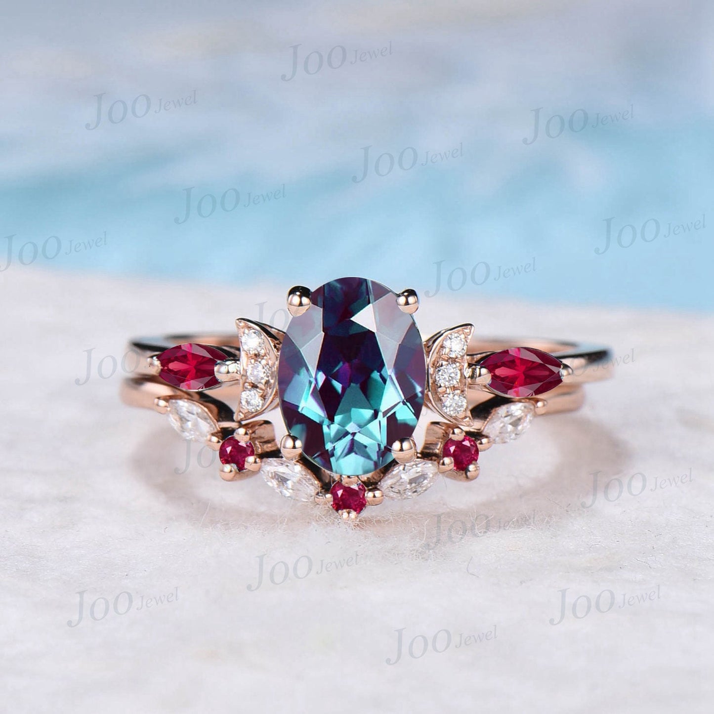 1.5ct Oval Alexandrite Moon Engagement Ring Set 2pcs Rose Gold Celestial Alexandrite Bridal Set Moissanite Alexandrite Curve Wedding Band
