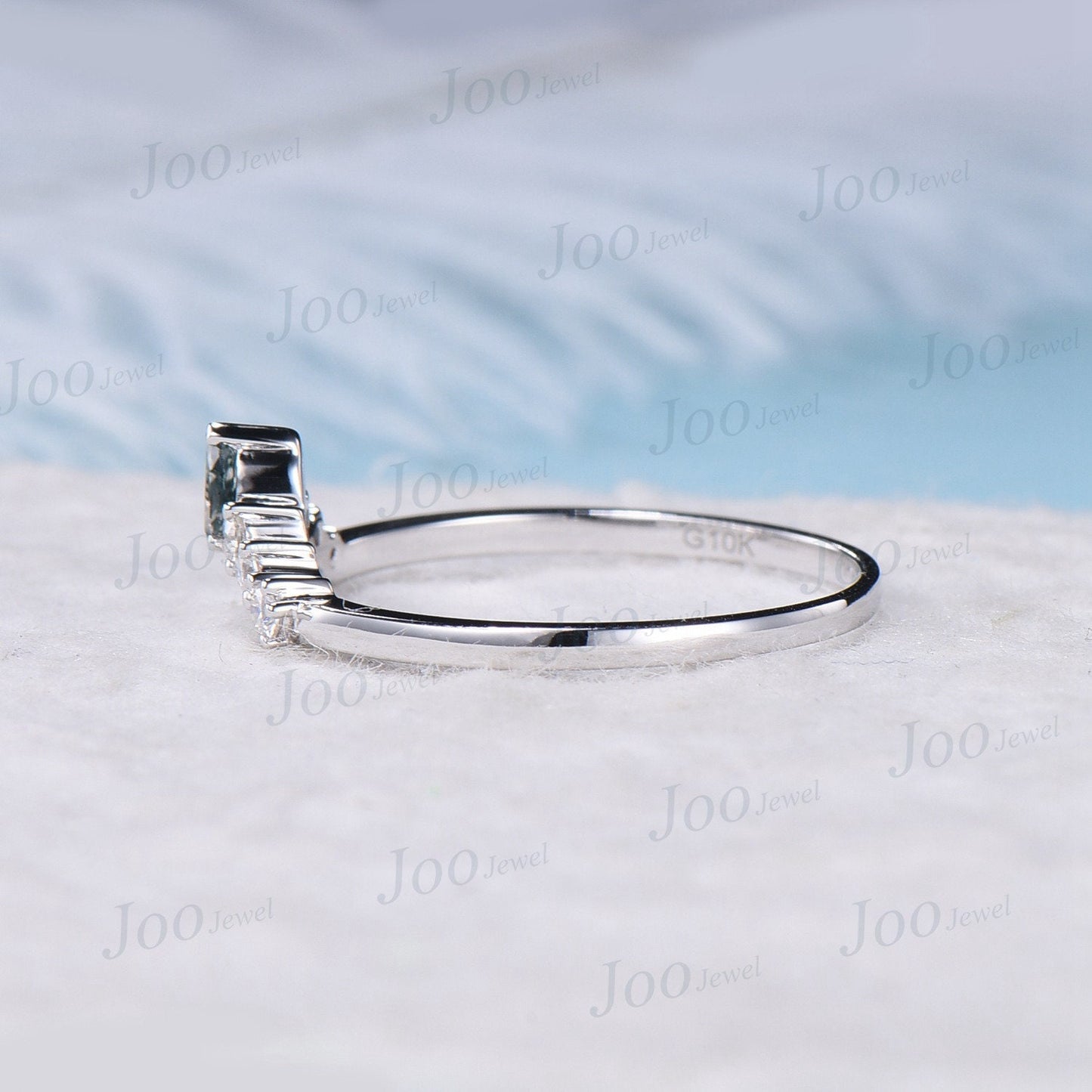Marquise Moss Agate Contour Wedding Band White Gold Moissanite Nesting Band Unique Vintage Moss Agate Stacking Matching Bridal Gift For Her