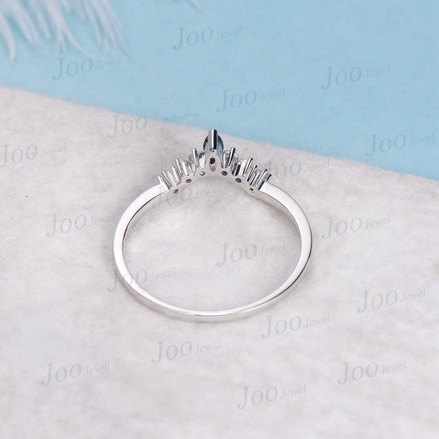 Marquise Moss Agate Contour Wedding Band White Gold Moissanite Nesting Band Unique Vintage Moss Agate Stacking Matching Bridal Gift For Her