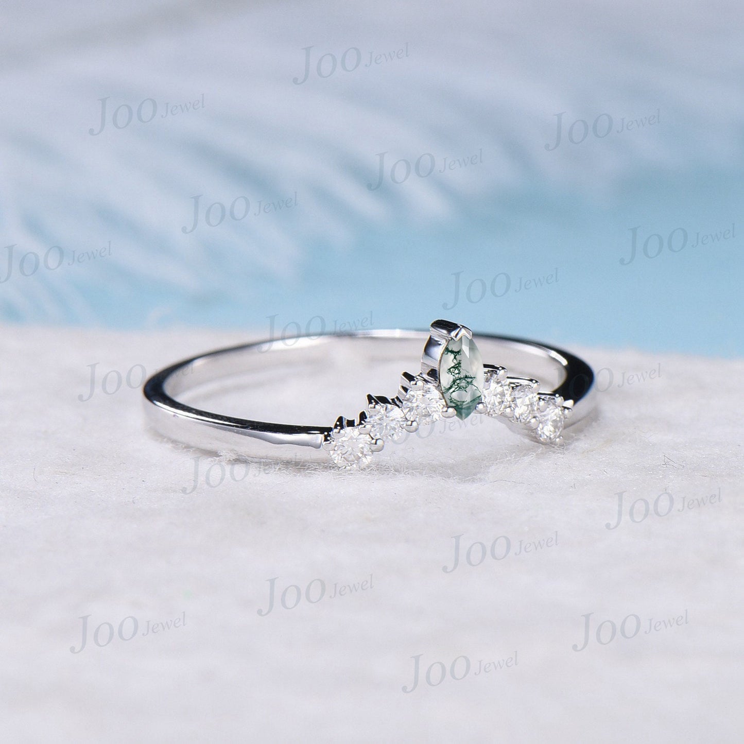 Marquise Moss Agate Contour Wedding Band White Gold Moissanite Nesting Band Unique Vintage Moss Agate Stacking Matching Bridal Gift For Her